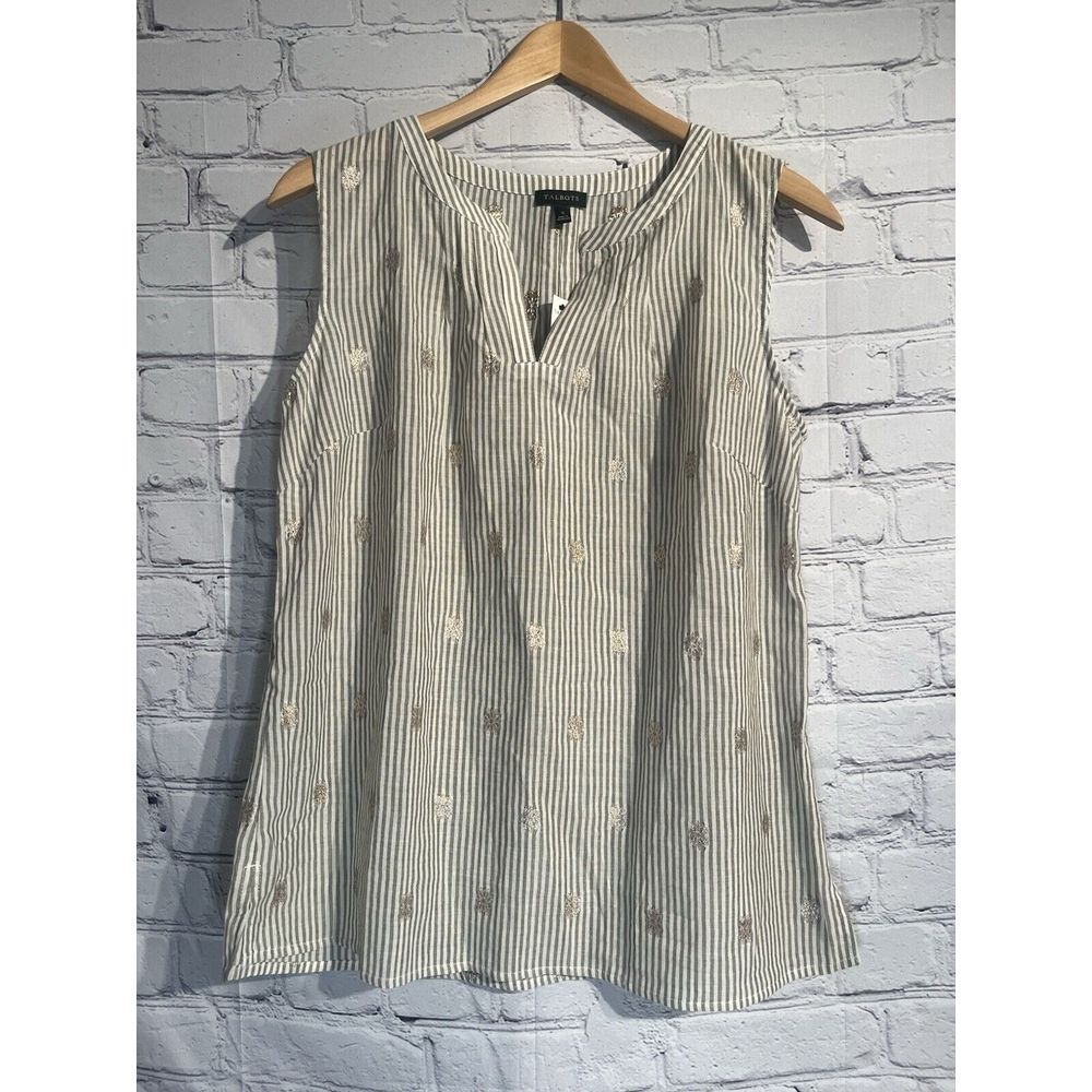 Talbots Womens Sleeveless Shell Metallic Dot Stripe‎ Split Neckline Sz Small NWT